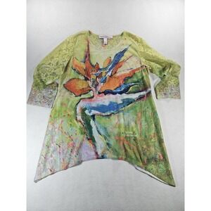 Leoma Lovegrove Bird of Paradise Tunic Top Large Lace‎ Sleeve Tropical Green